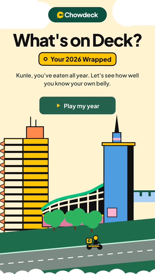 Intro: a cream Lagos skyline with a rider, headline What's on Deck?, and a Play my year button