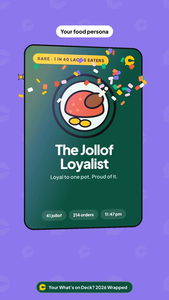 Persona card on lilac: The Jollof Loyalist, rare, 1 in 40 Lagos eaters